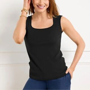 Talbots Square Neck‎ Ribbed Tank Top XL Black Base Layering Capsule Basic Casual